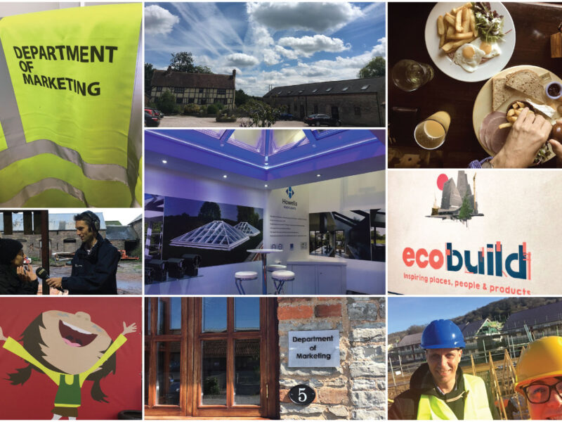 DOM 2017 photo montage: exhibtions, live interview on BBC, construction site selfie, office, signage and food celebration